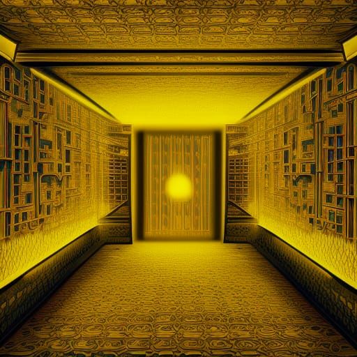 Old office yellow wallpaper with buzzing lights, no windows, endless