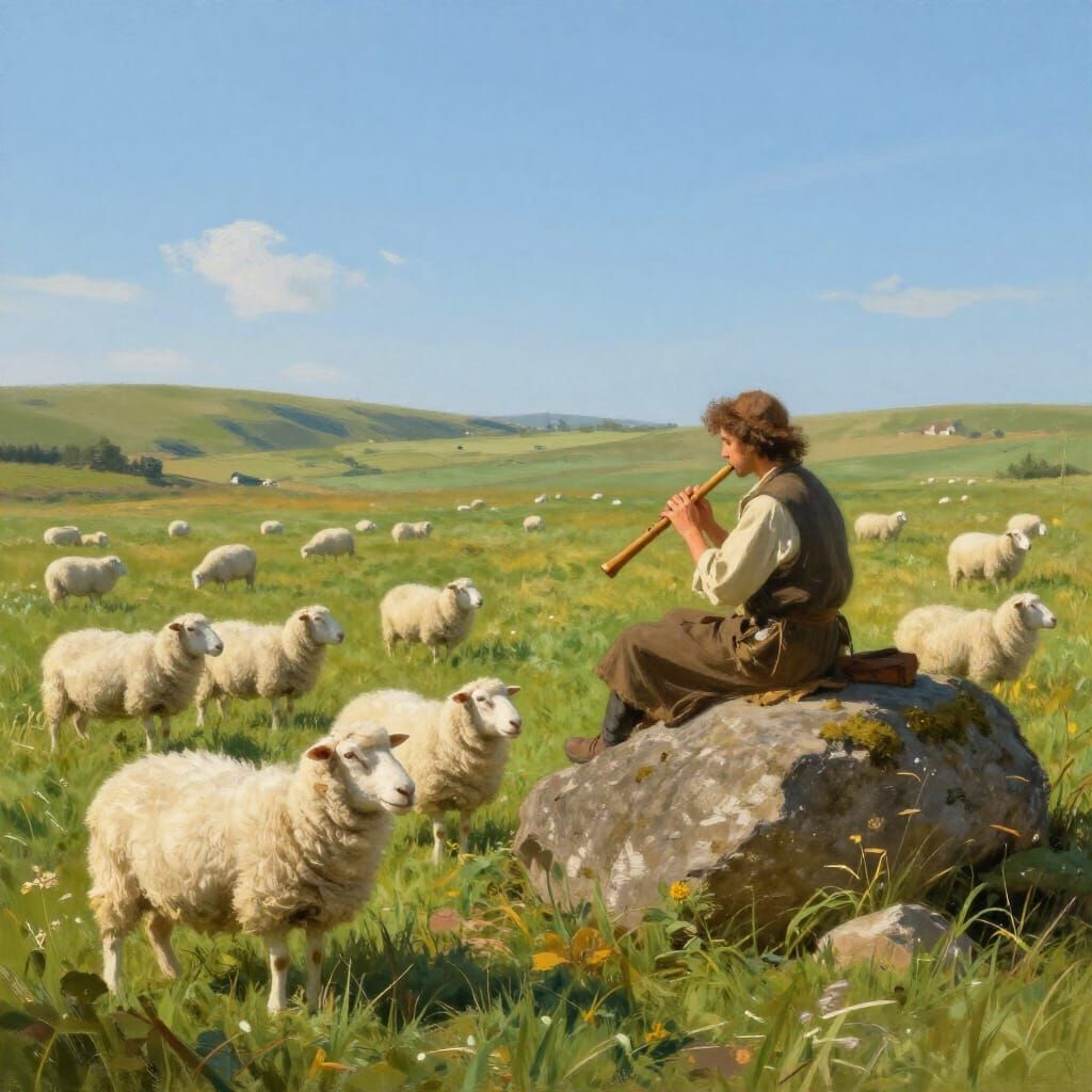 Shepherd Plays Flute in Golden Sunlight with Sheep