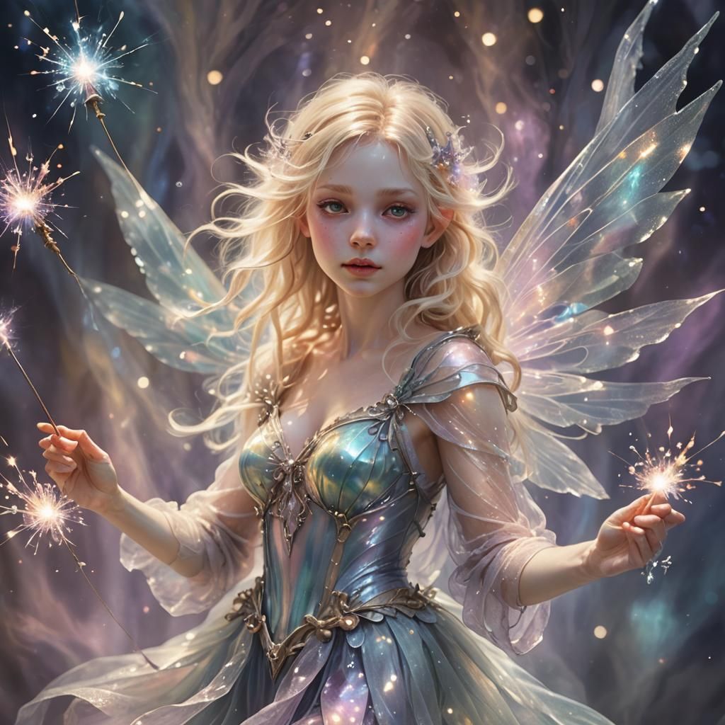 a whimsical, tiny little fairy, blonde hair in a messy bun, ...