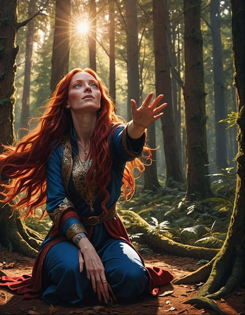 At the edge of a forest, a  long red  haired female , blue e...