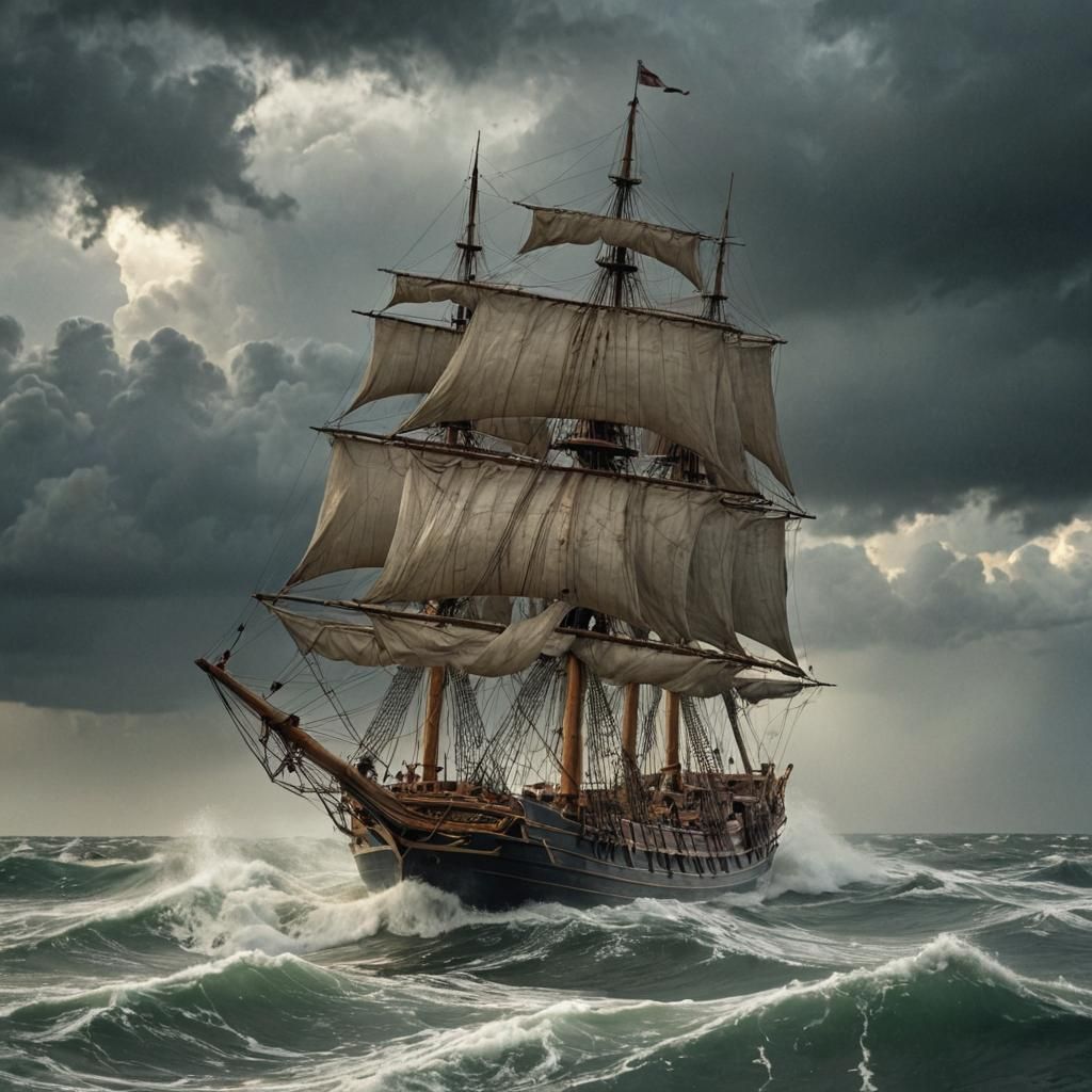 A sailing wooden ship, tempest tossed and partially dismaste...