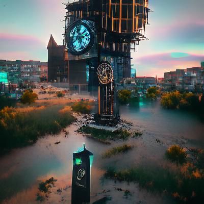 a clocktower in a futuristic city for goths