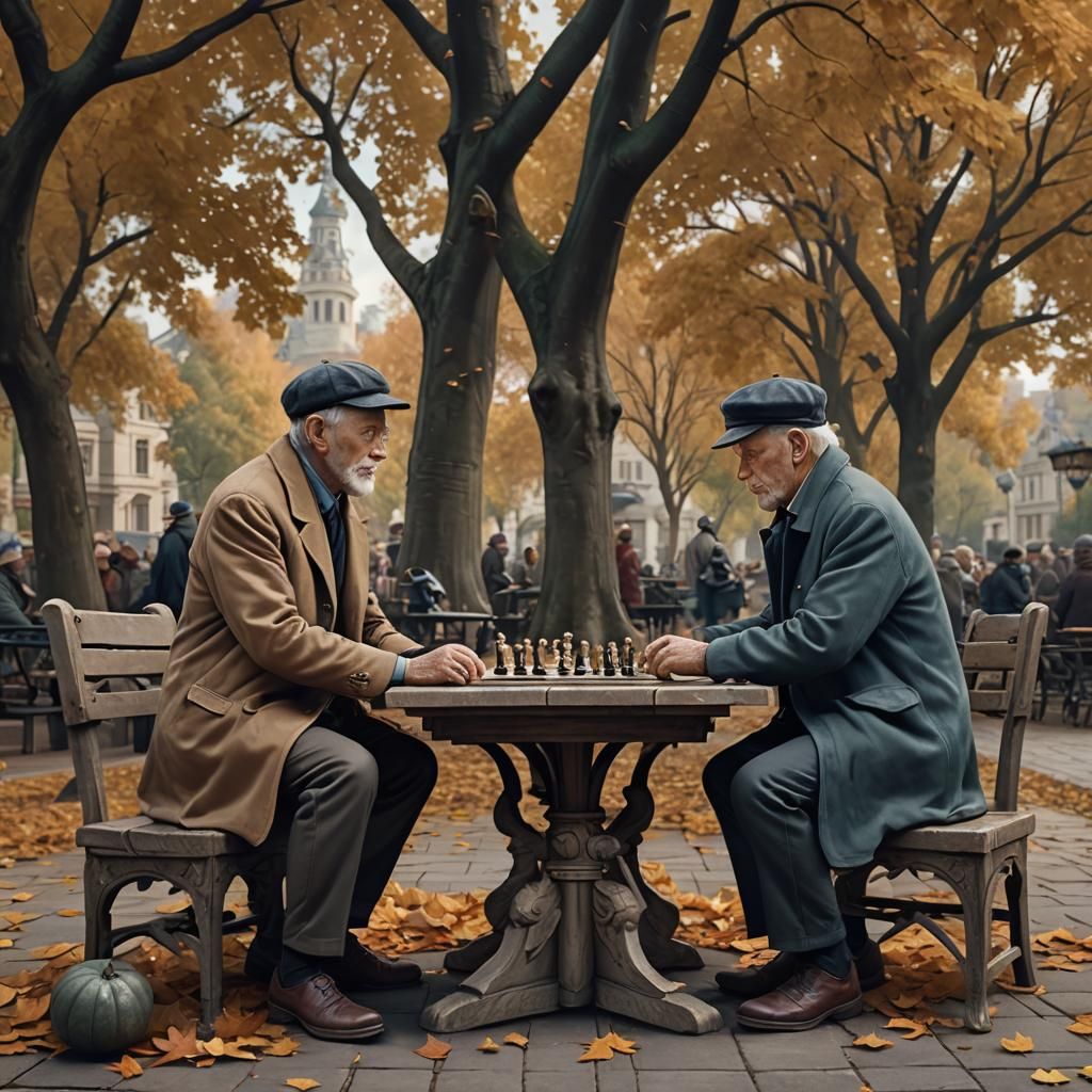 Two old men with caps on sitting at a stone park table playing a beautiful game of chess with a timer ...  by @Emily Luft