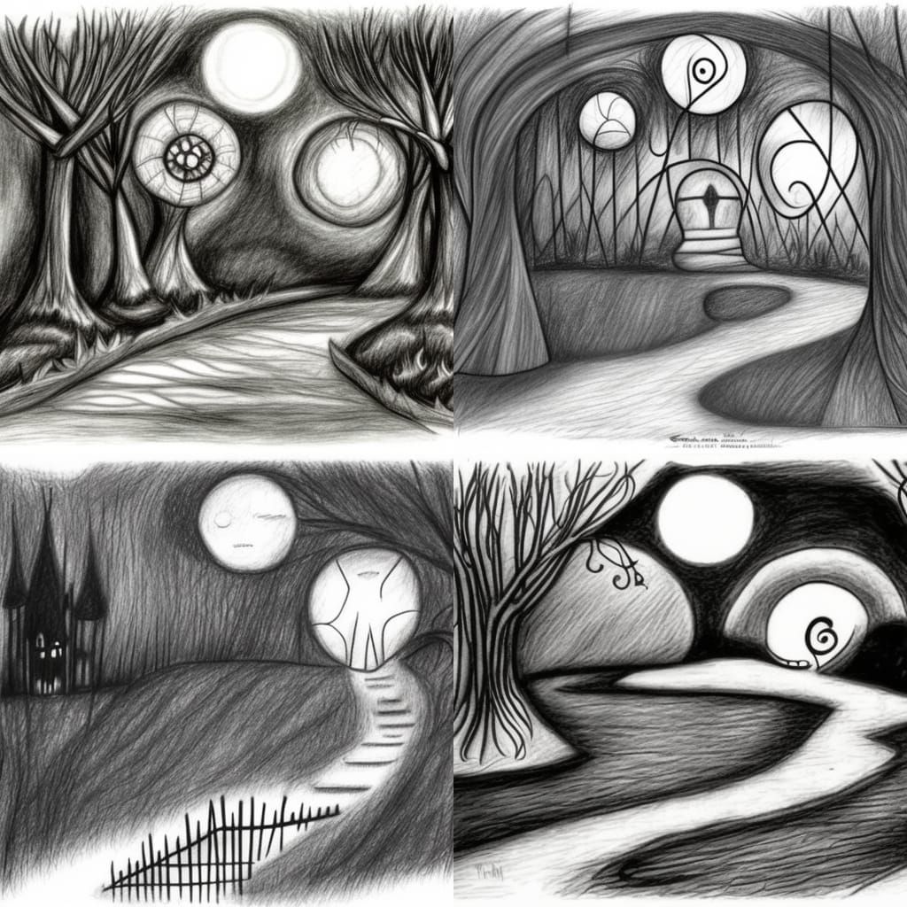 Path solitude gothic garden Tim Burton twilight pencil sketc...