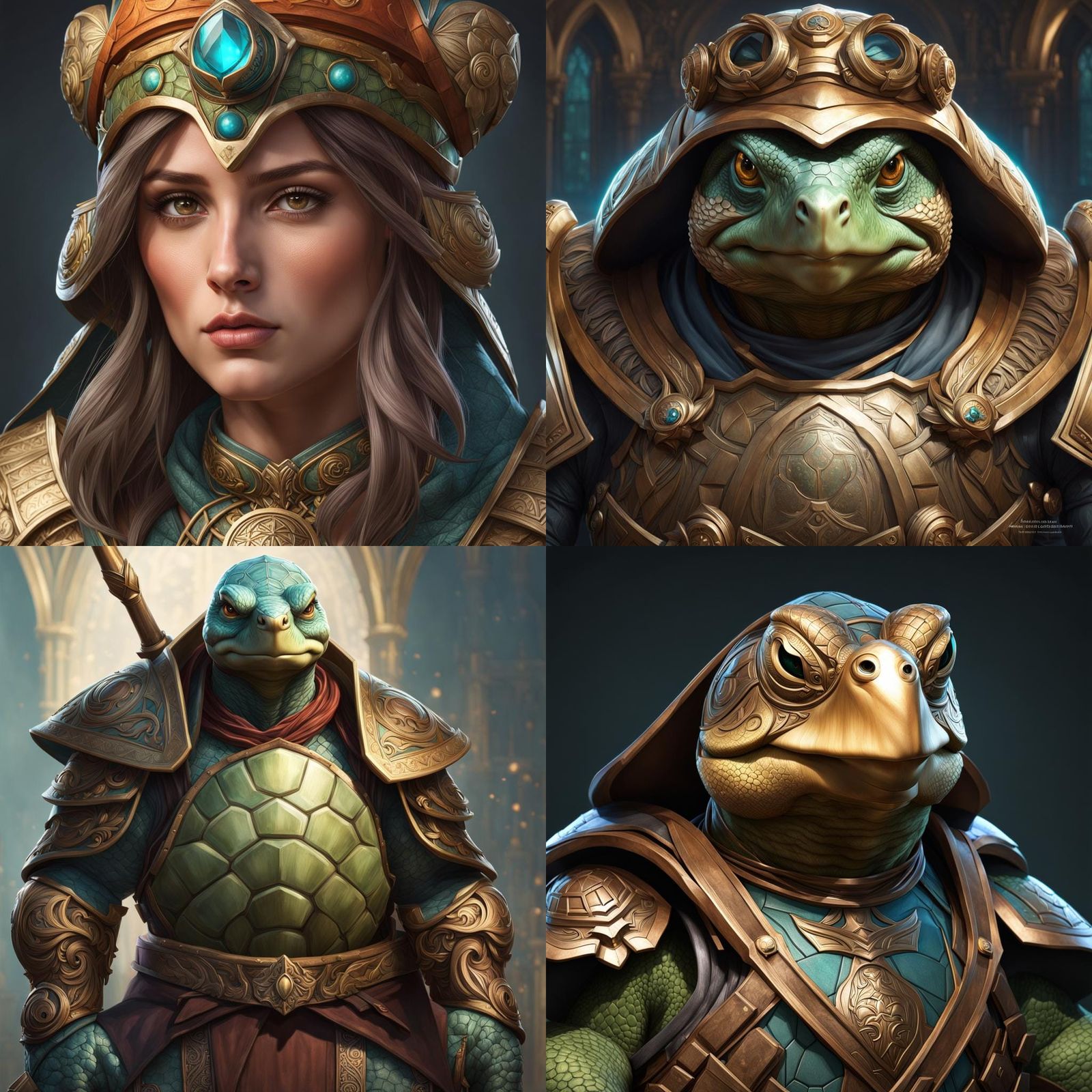 anthropomorphic turtle, human-like features, cleric, stern, serious ...