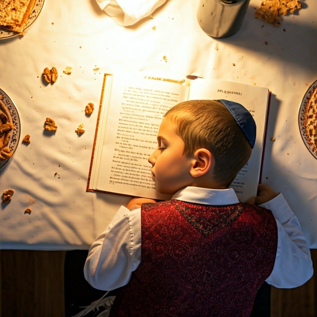 Orthodox Jewish Boy Slumbers at Passover Seder Table