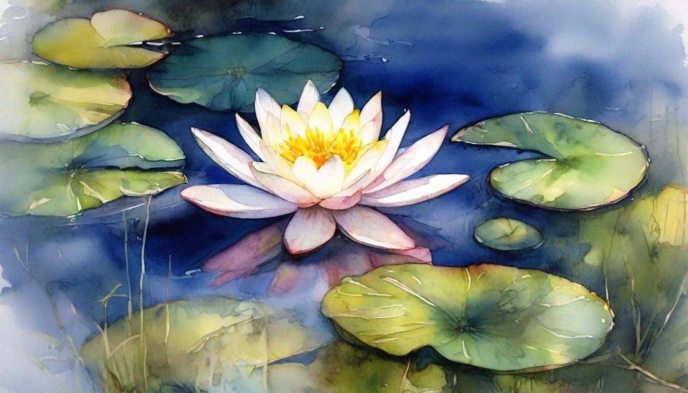 Watercolor expressionism. Medium shot. Waterlilies in indigo surrounded by wildflowers during a dark ...  by @5Foot3 Marie