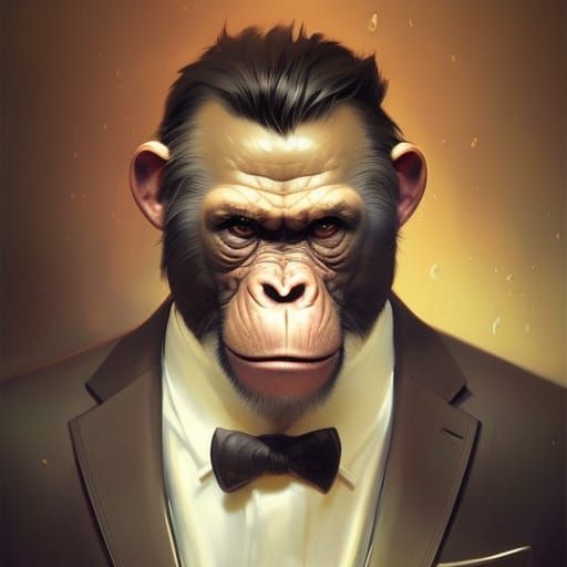 Ape in suit, 16D lighting, surreal fantasy art,16D detailed face head ...