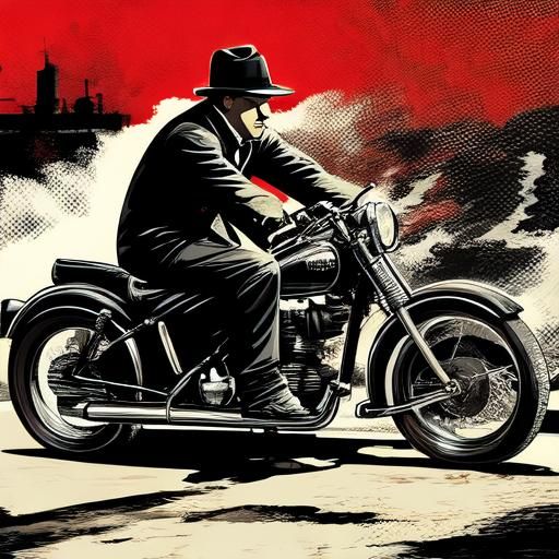 <lora:Film Noir 2D SD15:1.0>
A man riding a vintage motorcycle. Film noir, Vector art. 