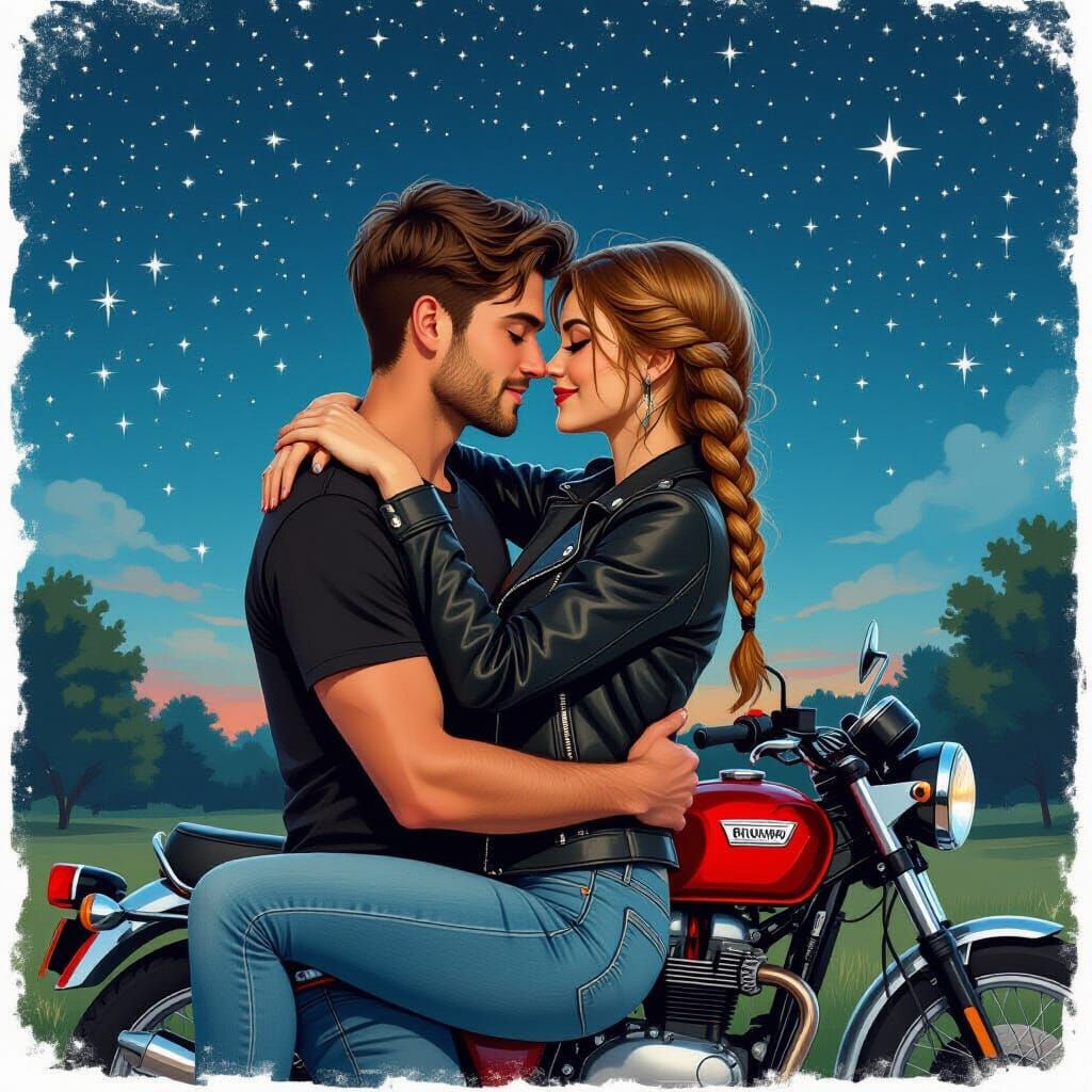 Romantic Embrace Under Starry Sky: Charcoal Drawing