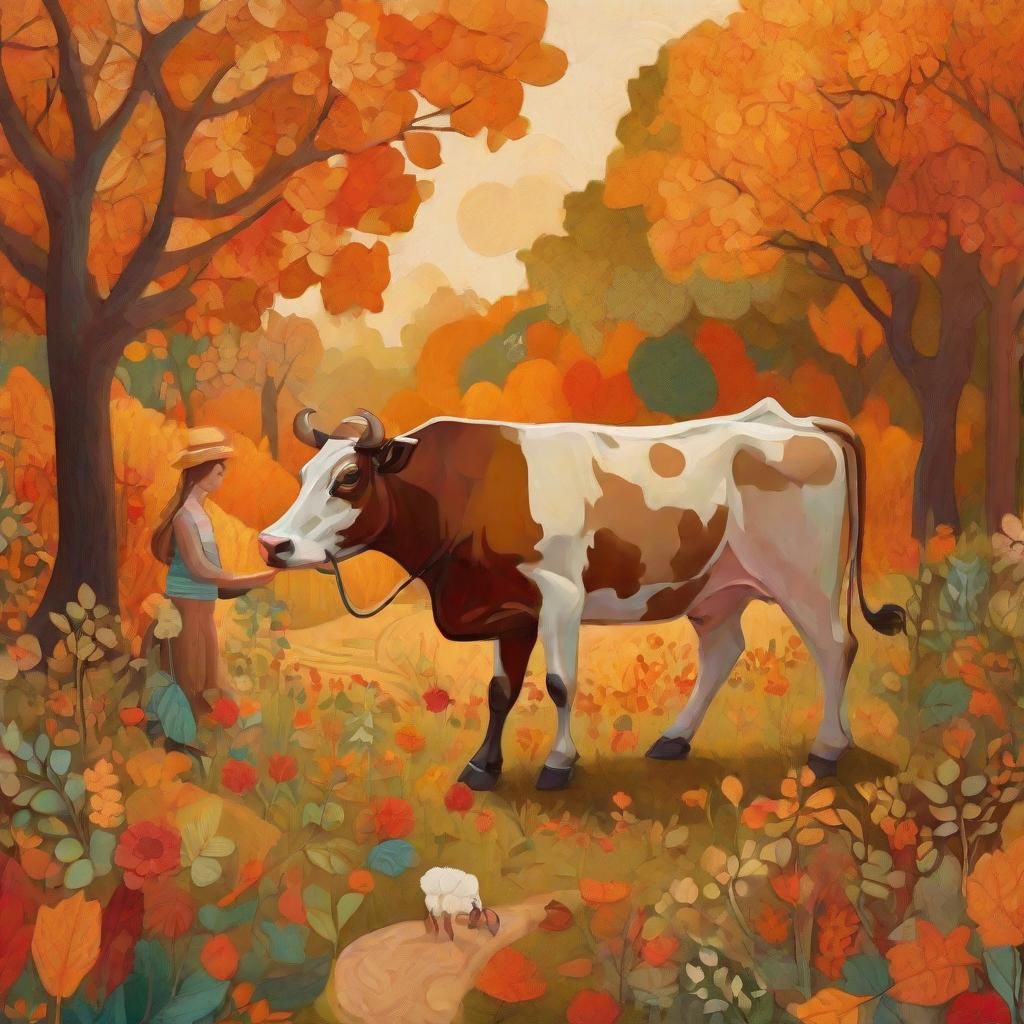 Autumnal Landscape with Gardener and Cow in Folk Art