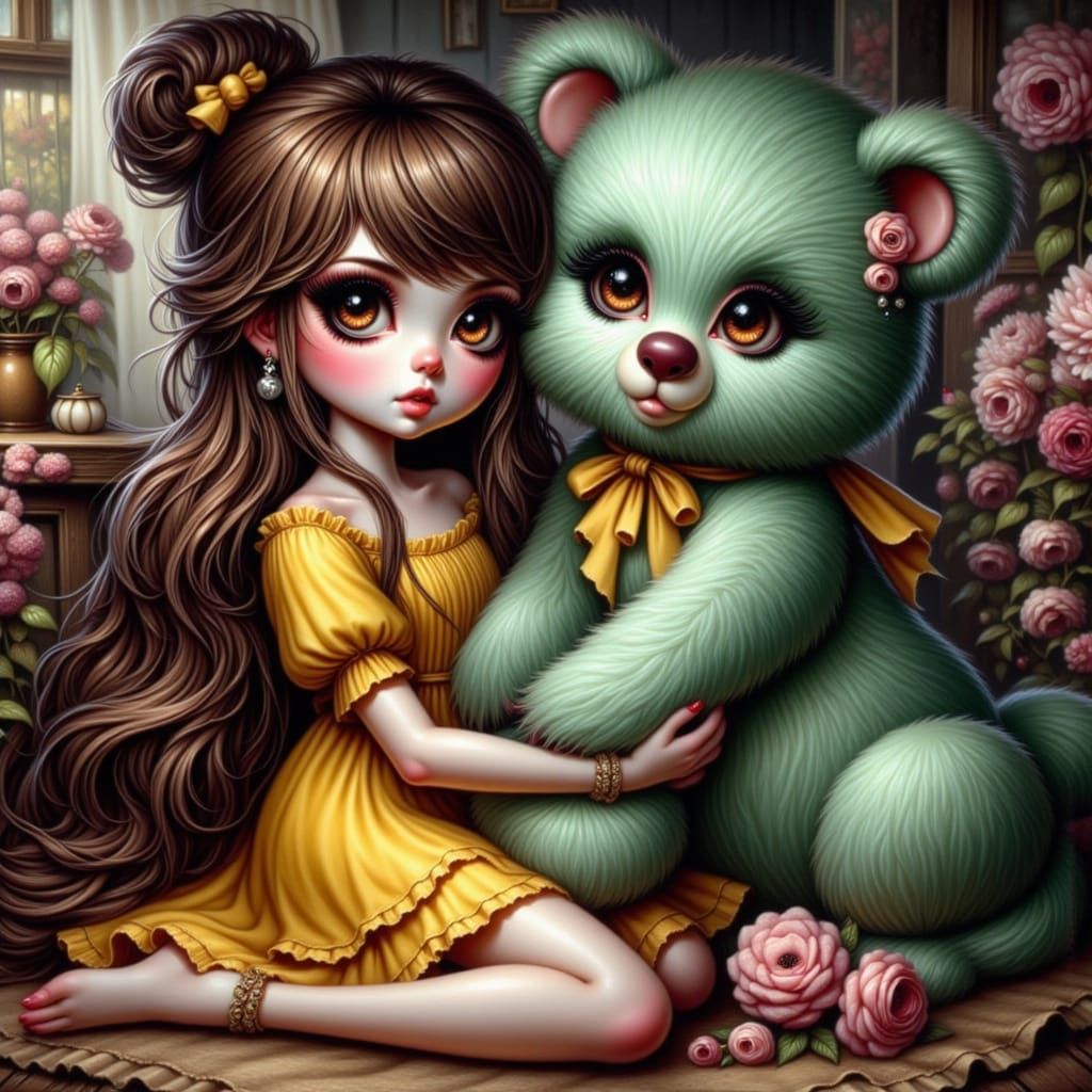 A gothic image of a girl with long, fuzzy brown hair, raised in a loose bun, and brown eyes, wearing a yellow layered ruffle dress, sits on ...