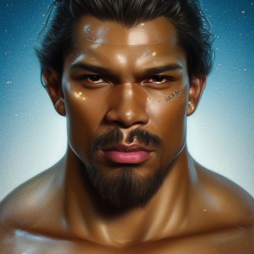 Polynesian man, massive muscle, light, glitter skin, wise an...