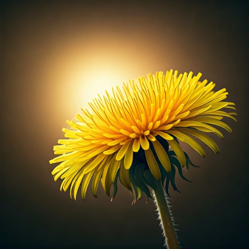Vibrant Yellow Dandelion Bloom Against Warm Golden Hour Back...