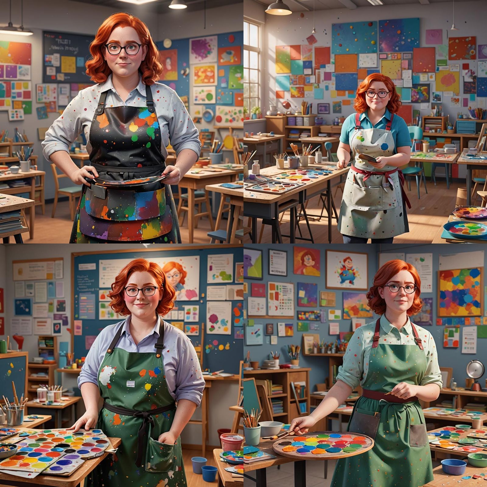 Redheaded chubby art teacher with glasses and a paint spatte...