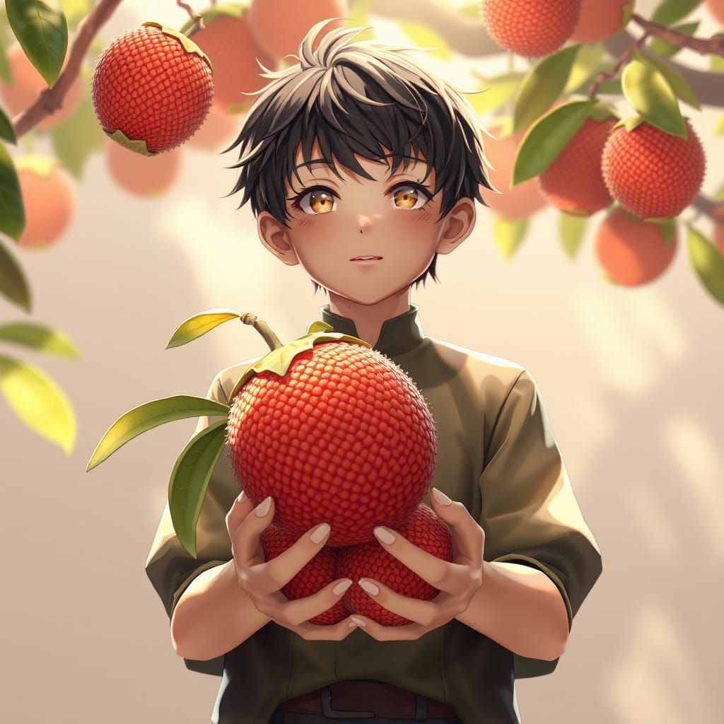 A boy with a large lychee in his hands
