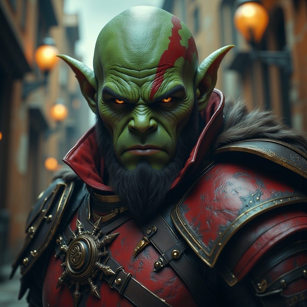 <lora:MJ6 RPG Flux:1.0> A portrait of an orc warrior in fantasy armor, with a detailed face featuring green skin and red tattoos, looking di...