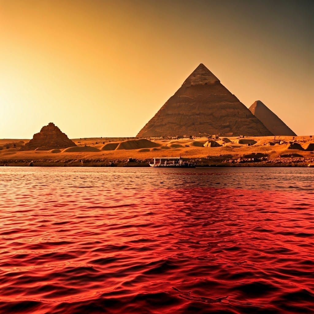 Golden Sunset Pyramids of Egypt in Crimson Reflection