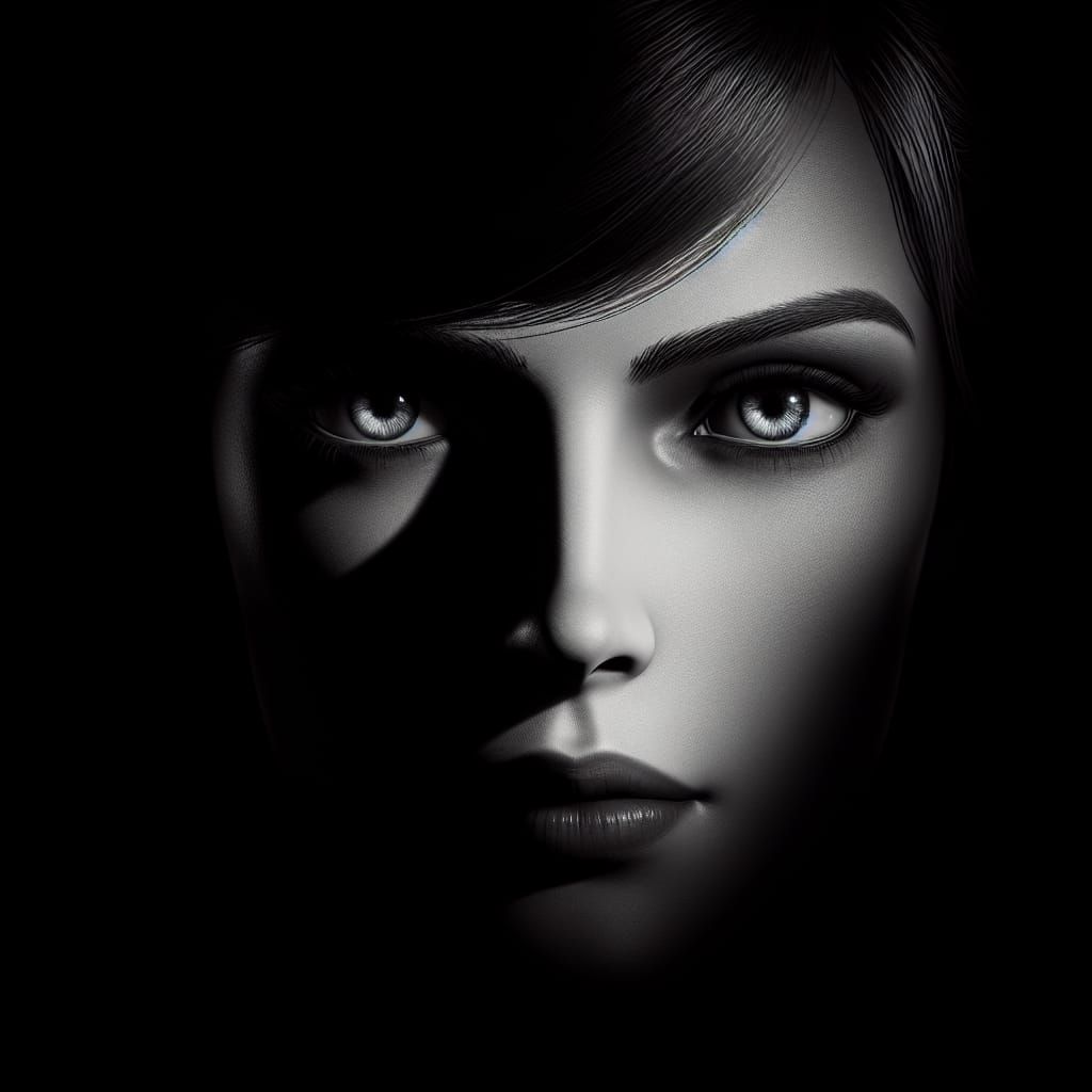Black Background, grey Silhouette of a female spy with bright blue eyes  by @Orge_Maus