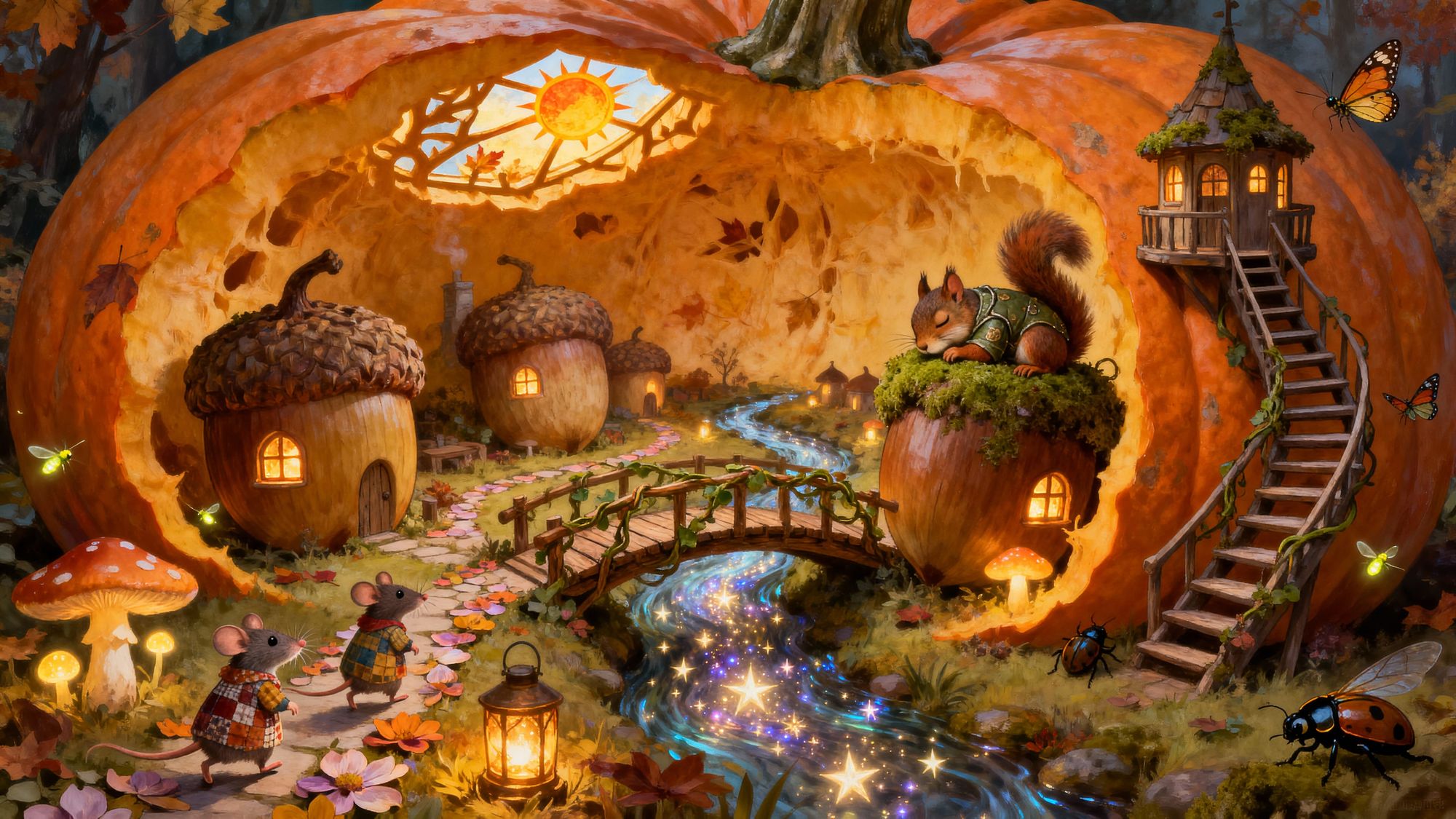 
A cozy miniature village inside a massive, hollowed-out pumpkin. Glowing acorn houses with tiny windows, field mice in patchwork clothes wa...
