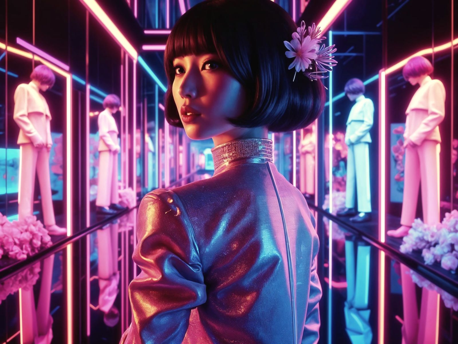 Neon-Lit 80s City Pop Nightclub Scene with Woman