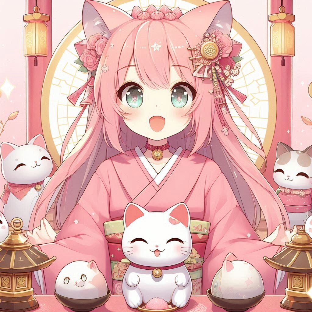 Cat girl and maneki neko 🌸🤍