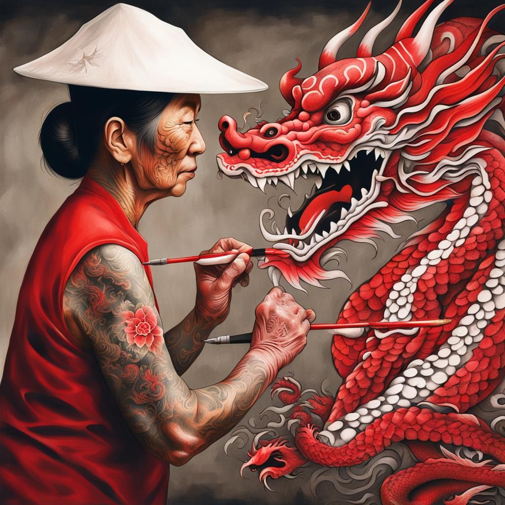 Red Dragon Tattoo Art in Expressionist Style