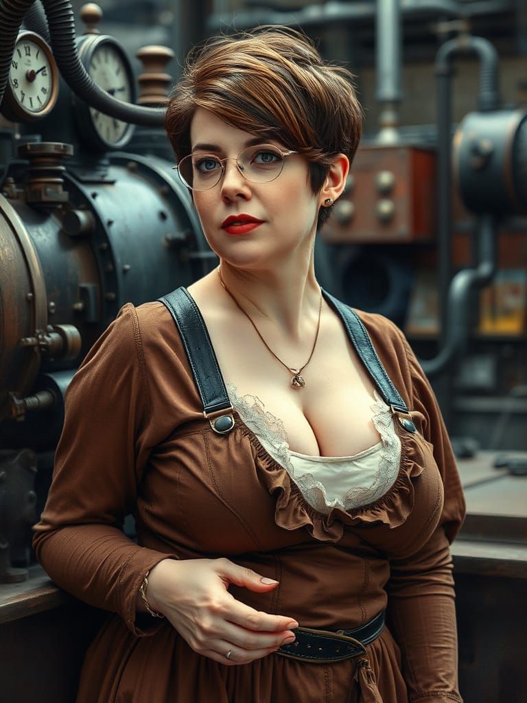 Steampunk Woman in Locomotive Workshop, Watercolor Style