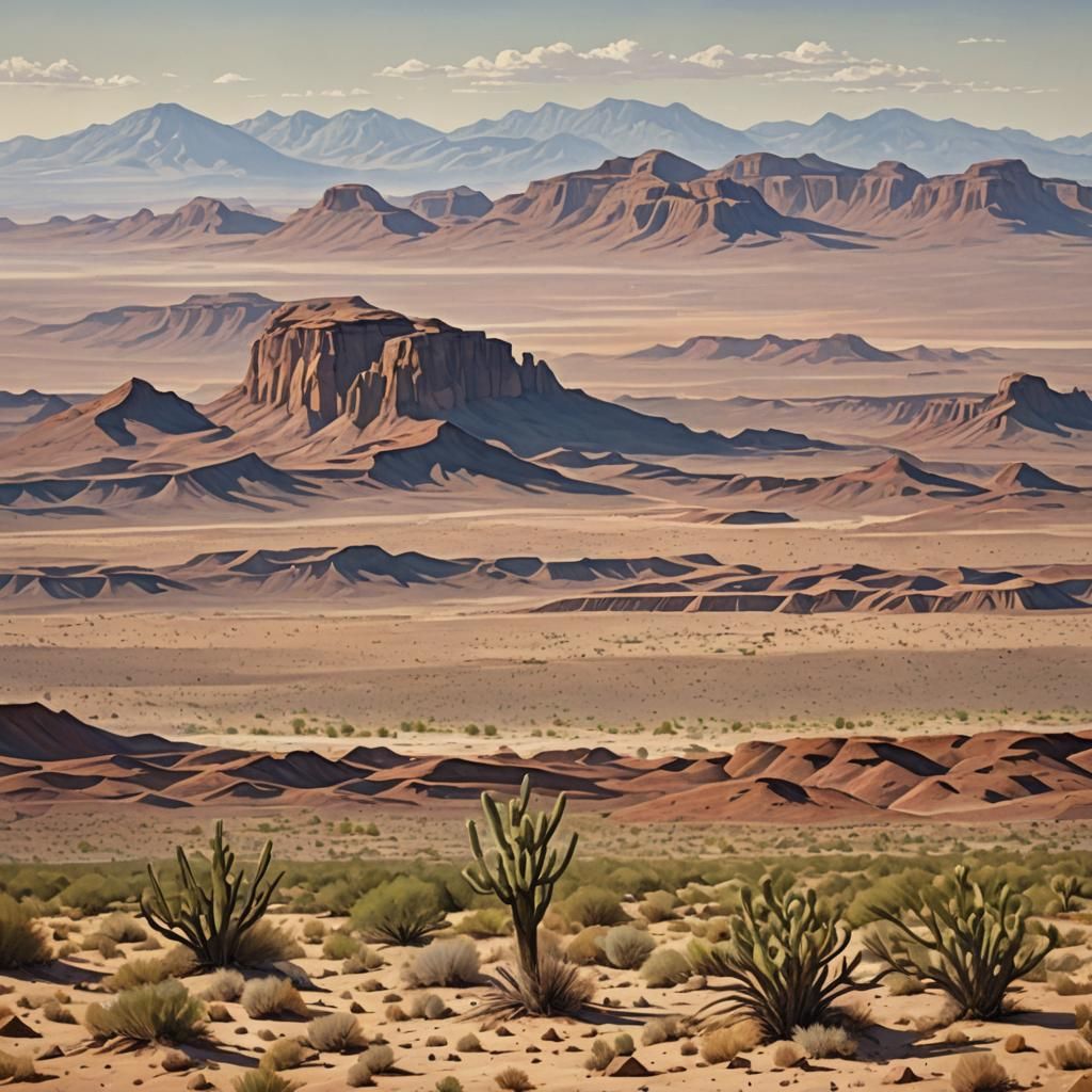 Desert landscape with distant mountains and mesas