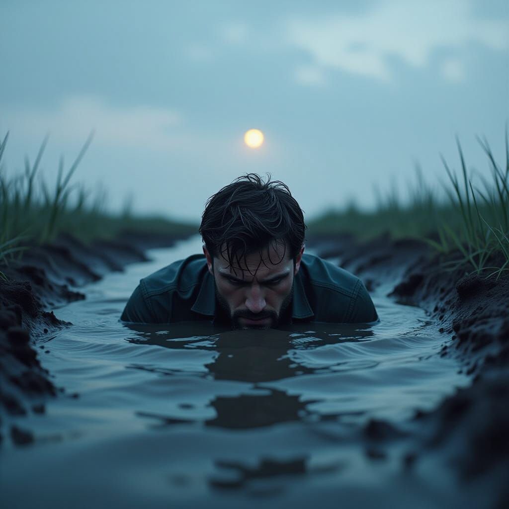 Man Sinks into Mud Under Dim Sky