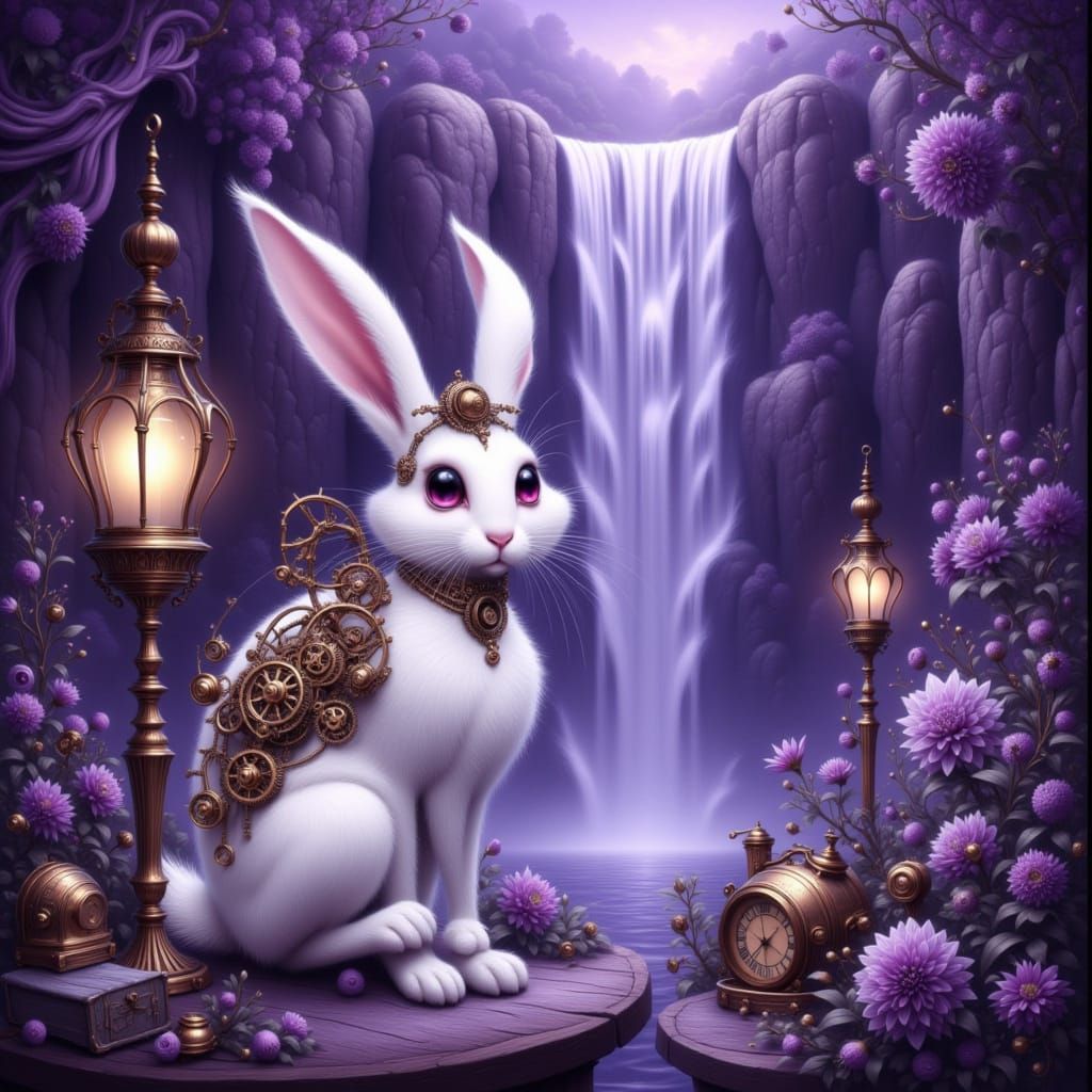 <lora:Steampunk and more:1.0> A white long-haired rabbit with mechanical gears and a Waterfall in Background monochromatic violet tones in S...