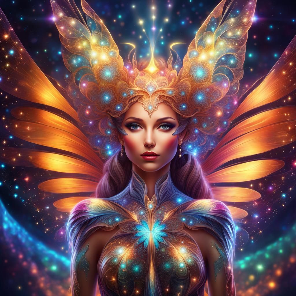 space faerie with wings made of fractal art, glowing with sparkles ...