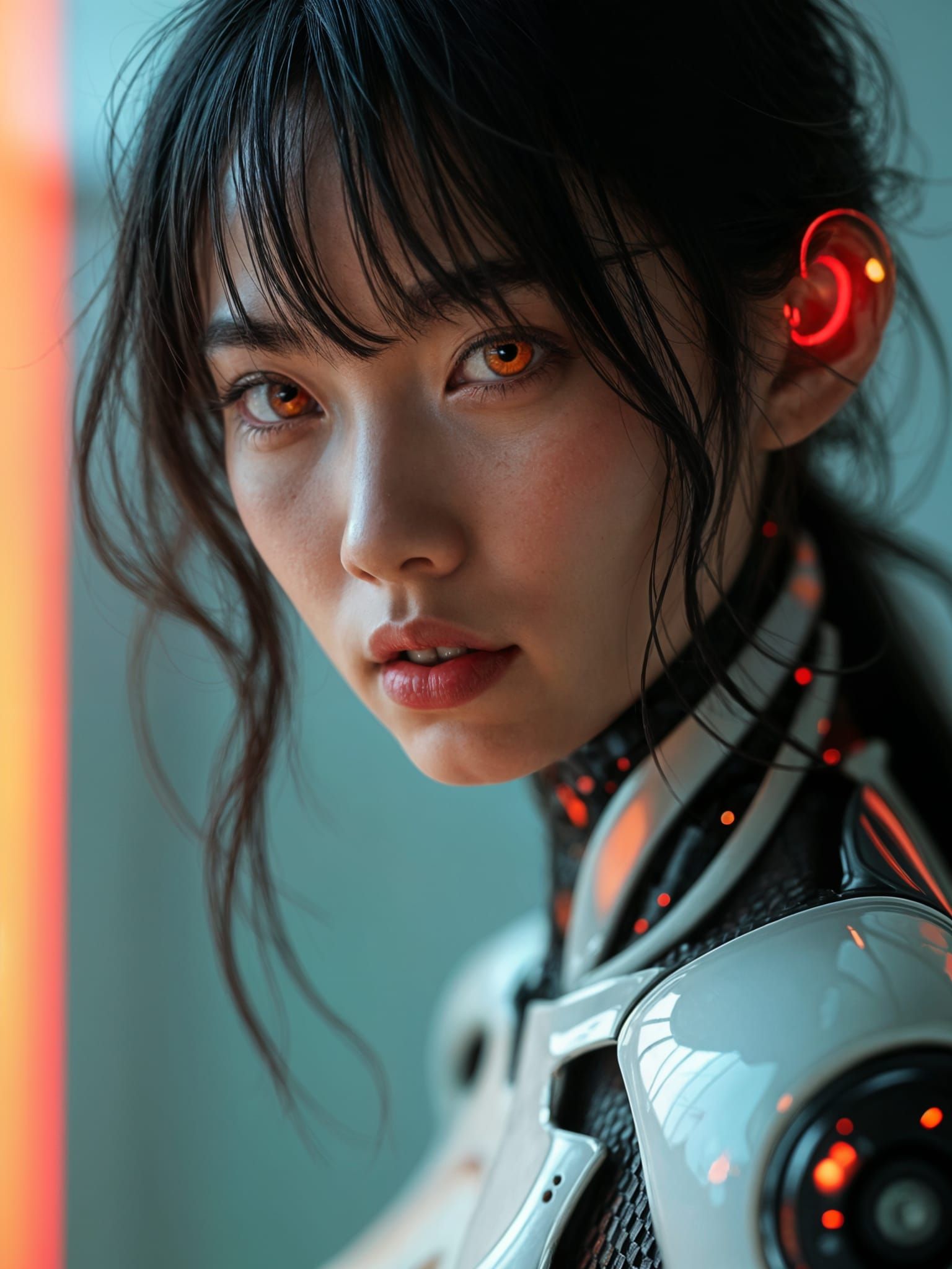 A full body photo of an Asian cyborg woman with searing red ...