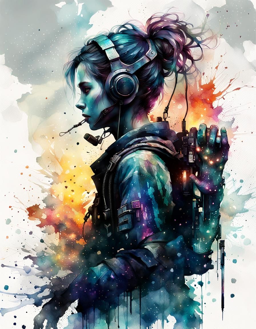 Digital watercolor full body shot stunning_cyberpunk_silhoue...