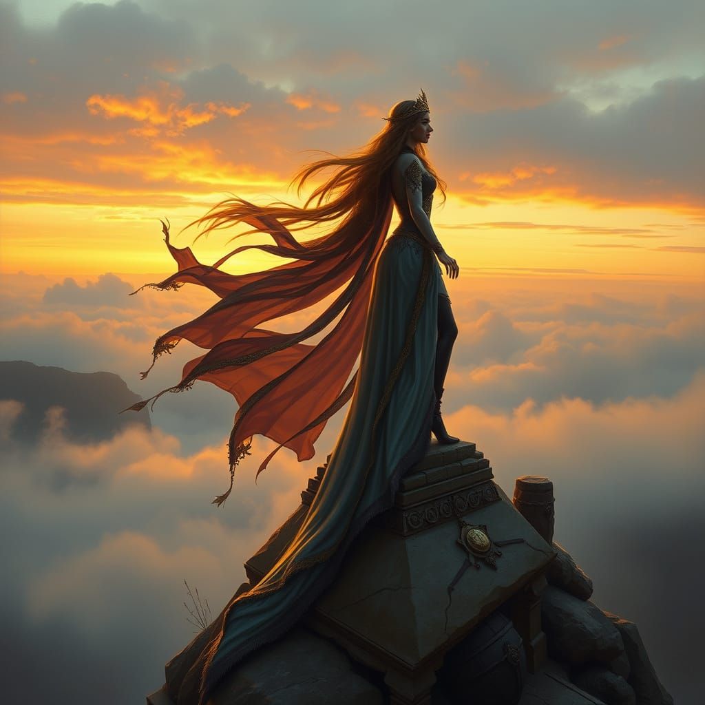 Regal Woman in Golden Light, Ancient Ruins at Dusk