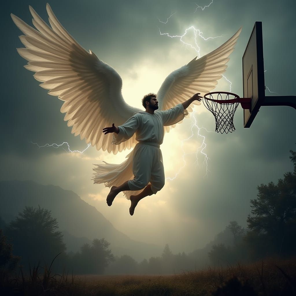Make me a picture of a 3 winged angel dunking a basketball with lightning flowing out the ball. Realistic in the wilderness 