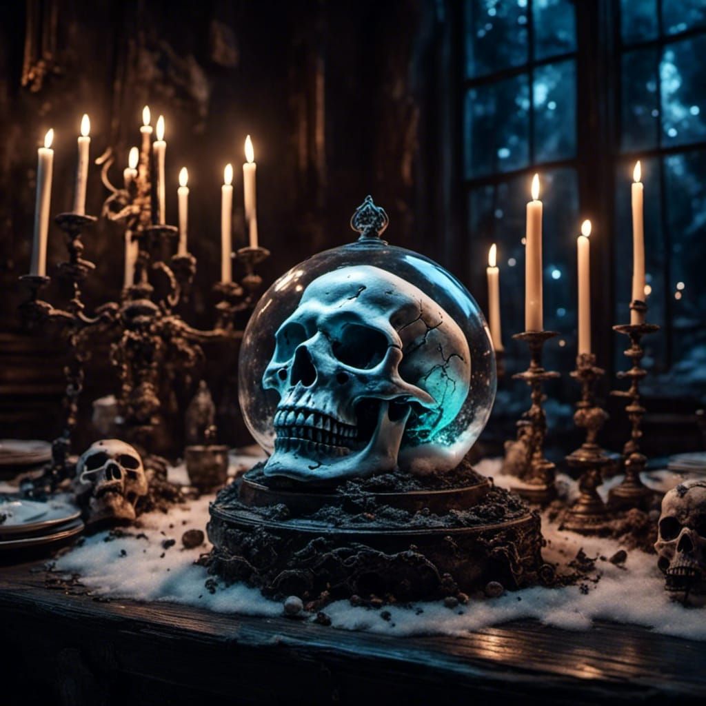 a skull in a snowglob in a table from a dark castle,16K,horror ,Dark,Realiste <lora:Night Sparkle:1.0> <lora:drawing:1.0>