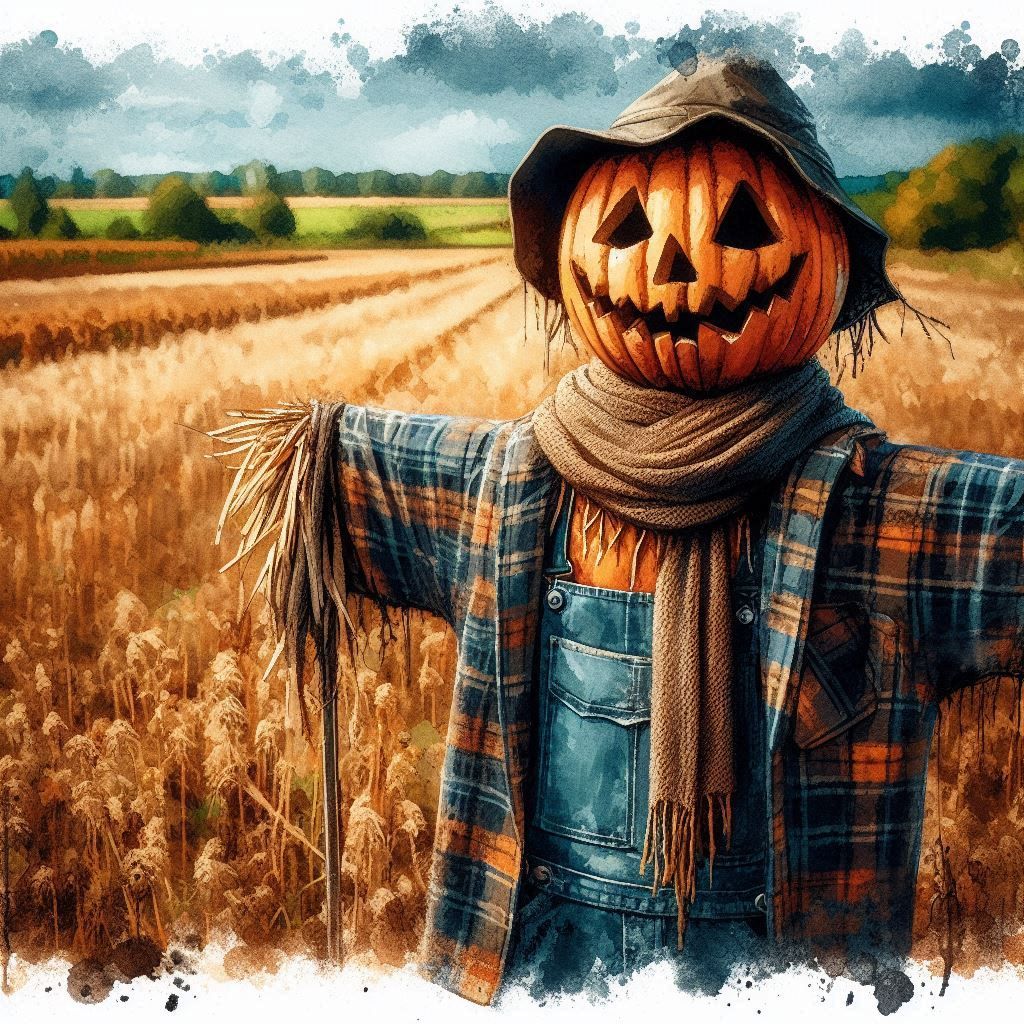 It's autumn time, there is a scarecrow with a pumpkin head standing on the field