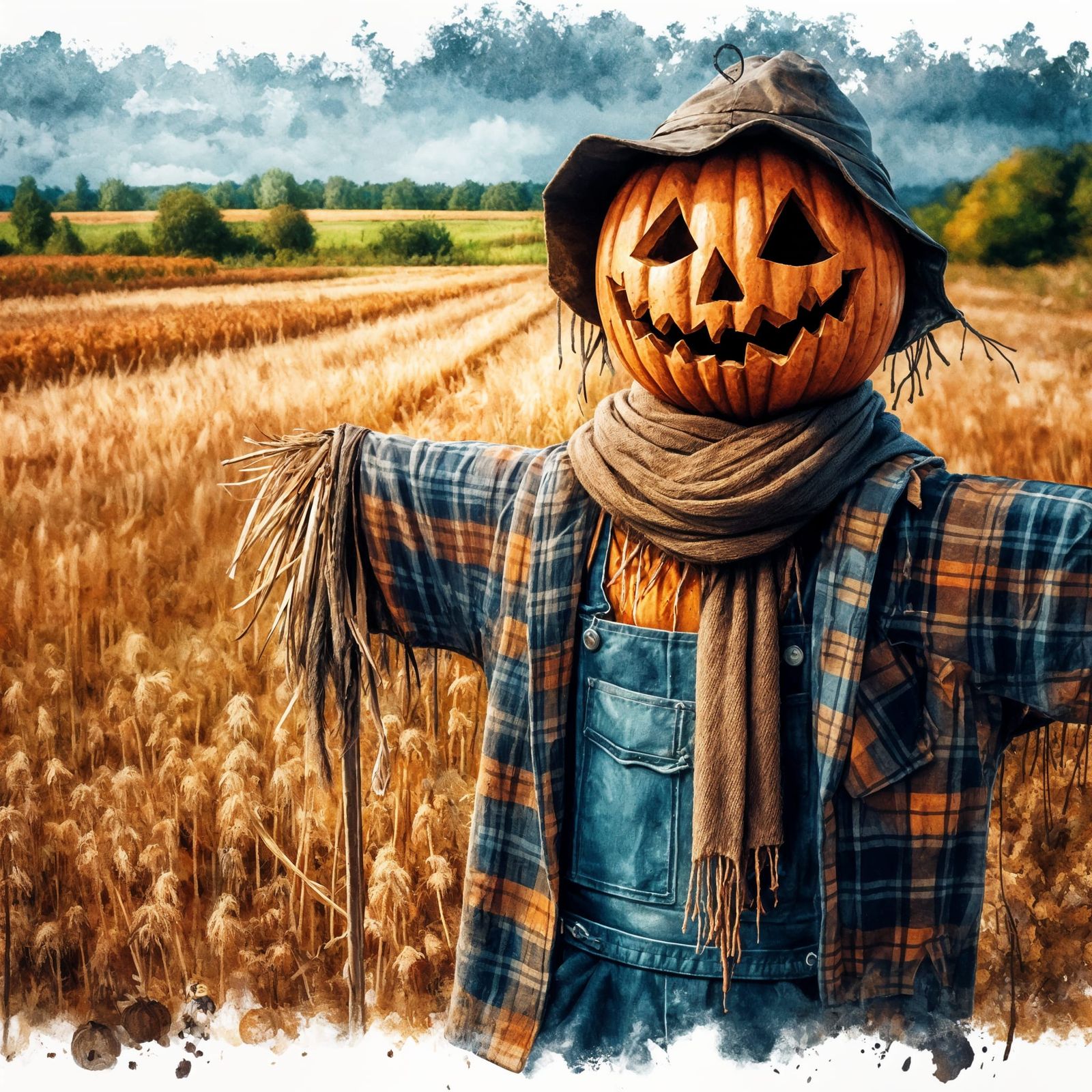 It's autumn time, there is a scarecrow with a pumpkin head s...