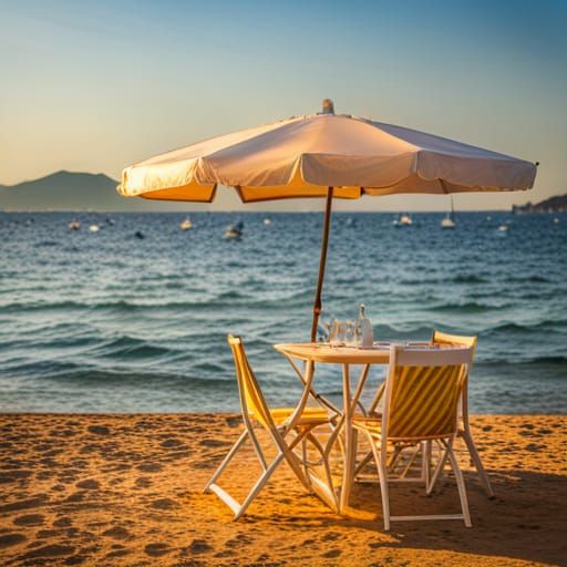 Tema: Buongiorno Estate. Seduto al chiosco in riva al mare, ...