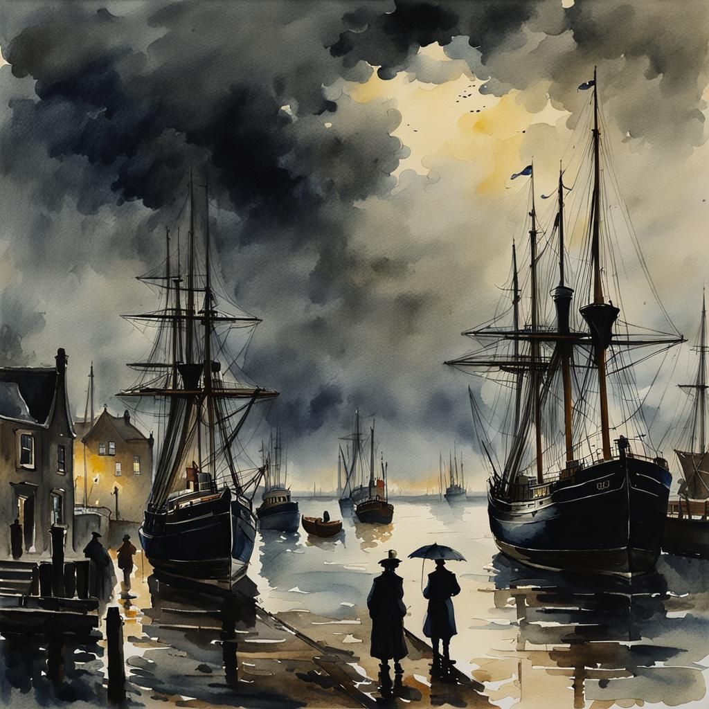 "19th century Dutch harbour, rainy evening"  by @moowokuorn