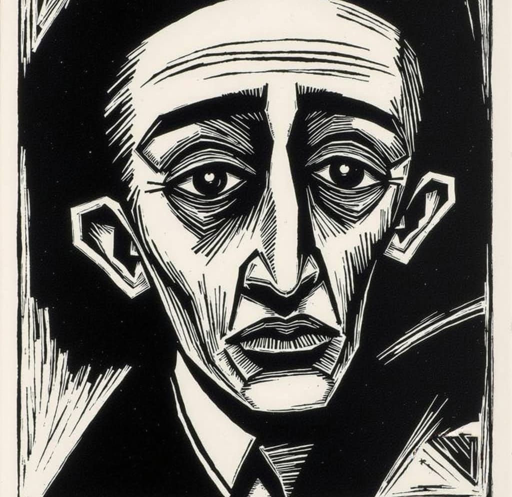 <lora:German Expressionism:1.0> A distorted, anguished face rendered in a German Expressionist woodcut style. Bold, jagged lines and stark b...