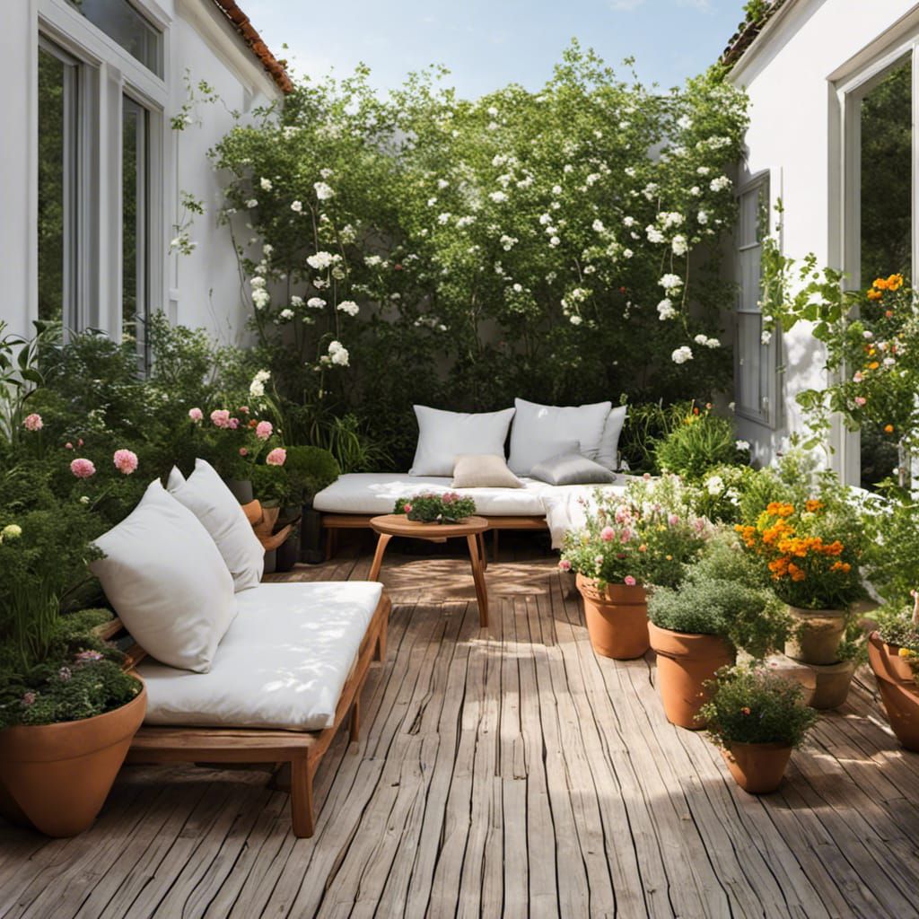 cozy seating area with flower pots in the blooming garden, b...