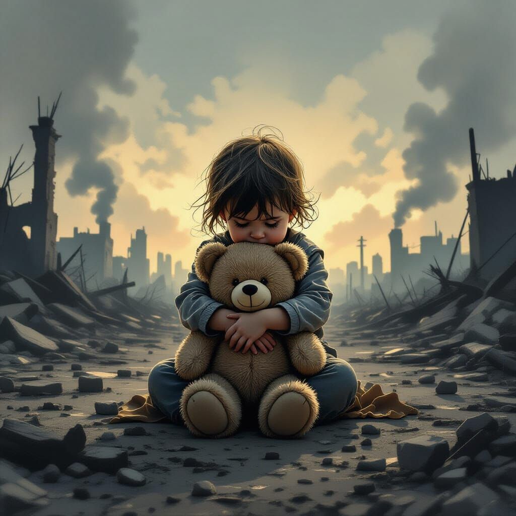 Child Hugs Teddy Bear in Desolate Post-Apocalyptic Landscape