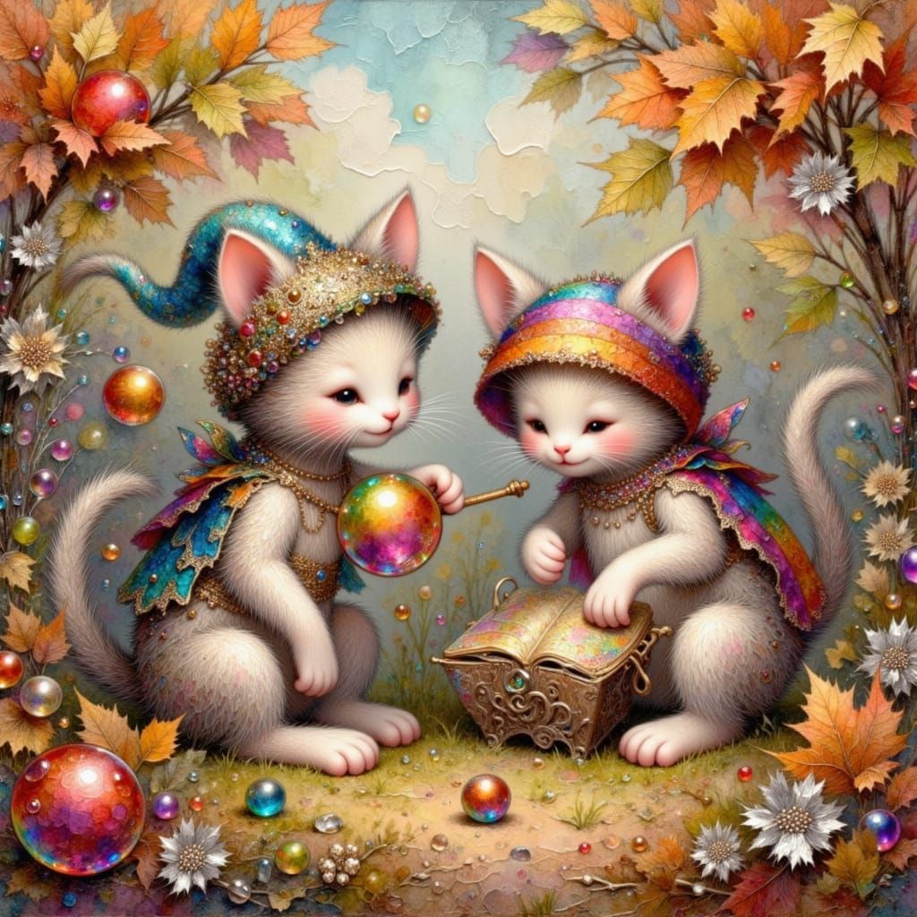 <lora:Orb Music:1.0> <lora:WHIMSICAL FLUX:1.0> Adorable kittens and mischievous elves frolic amongst colorful autumn leaves. Smiling. Mischi...