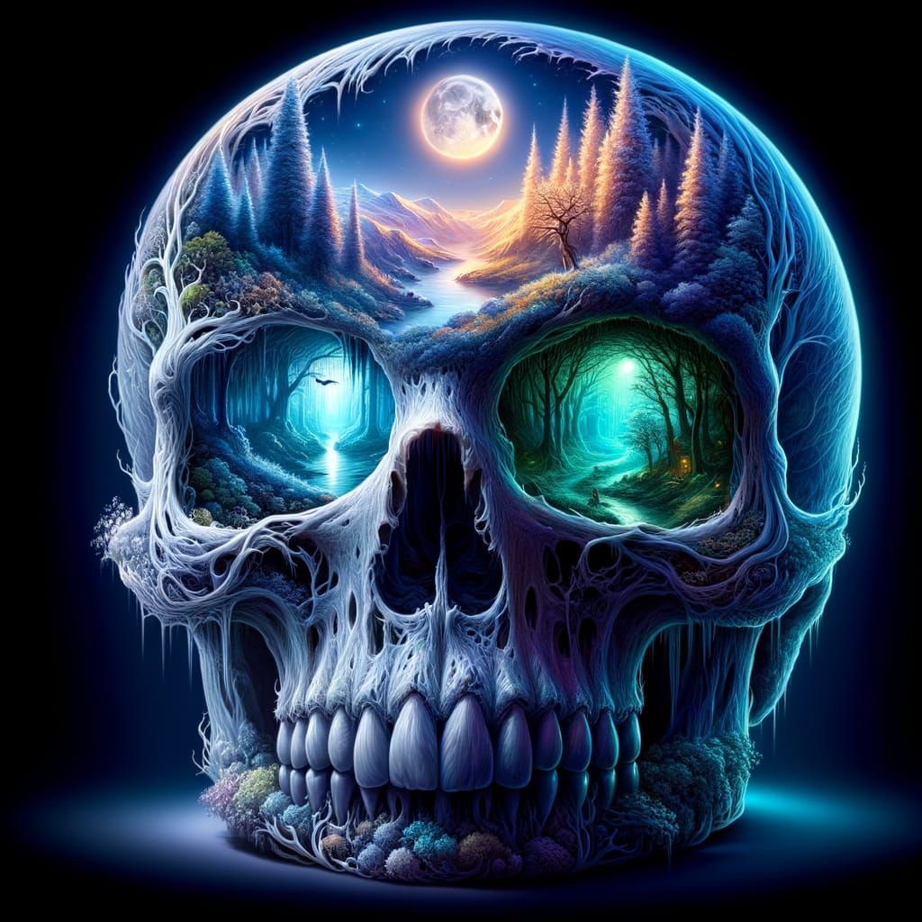 creepy skull with a well detailed ghostly landscape   by @Romanique83