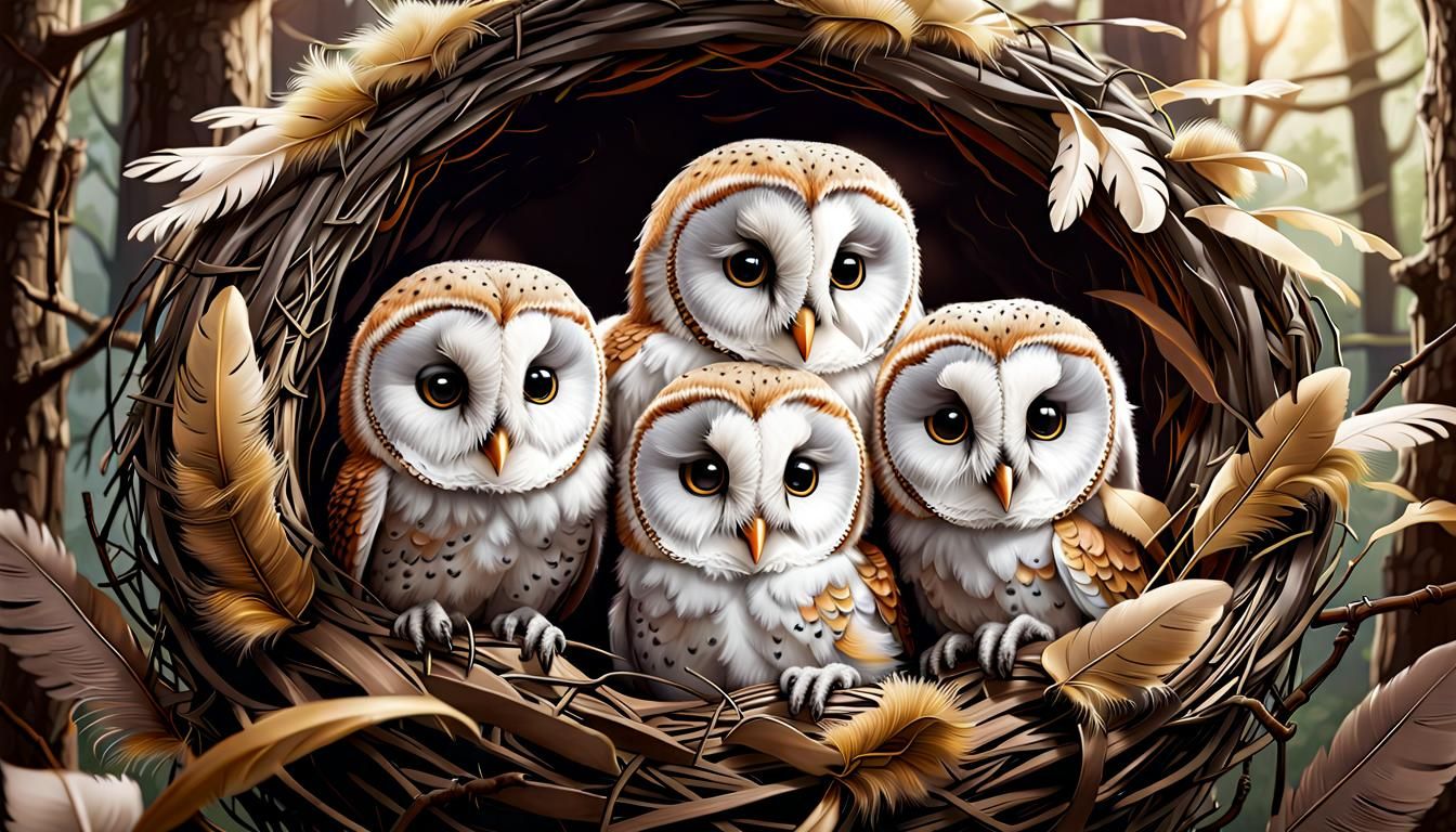 Baby Barn Owl Woven Twig Nest  by @Chelle