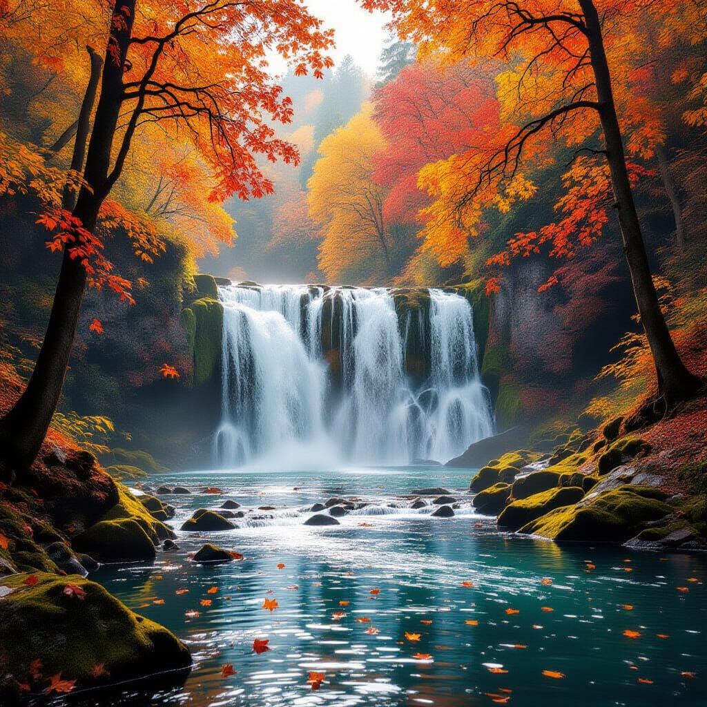 Eine Szene mit einem Wasserfall im Herbst, rote, orangefarbene und goldene Wälder fallen von den Bäumen. ...  by @Mona
