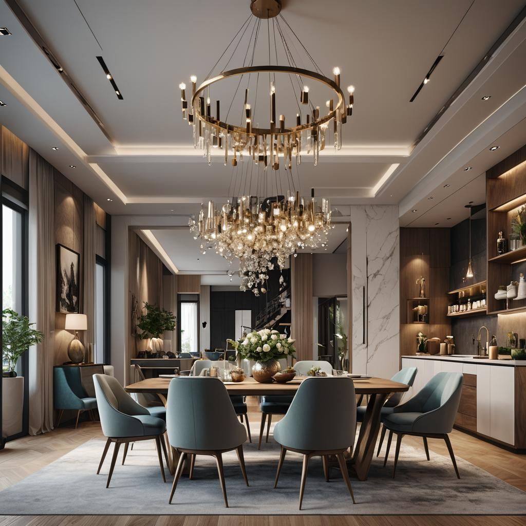 8k modern dining table with upholstery chairs, pendant lamps...