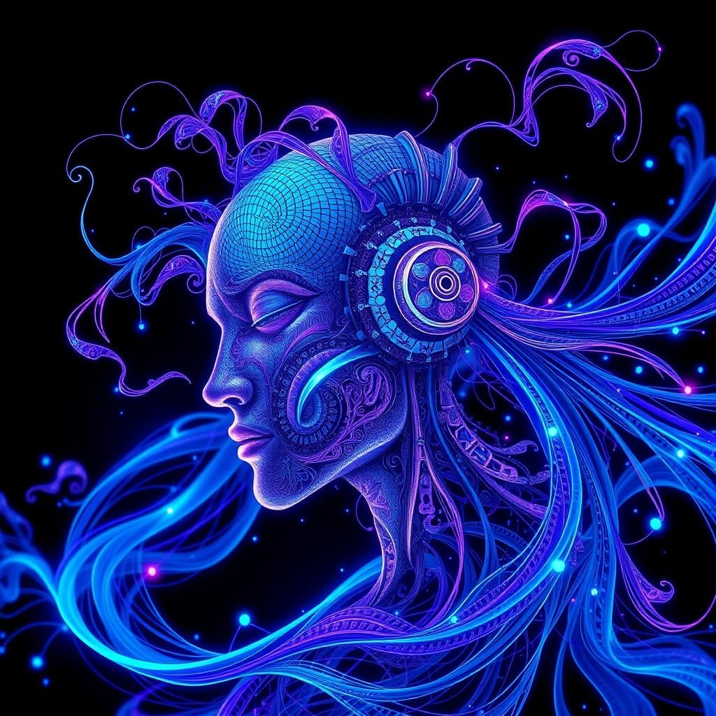 Abstract Robot Fractal with Zentangle Patterns in Blue and P...